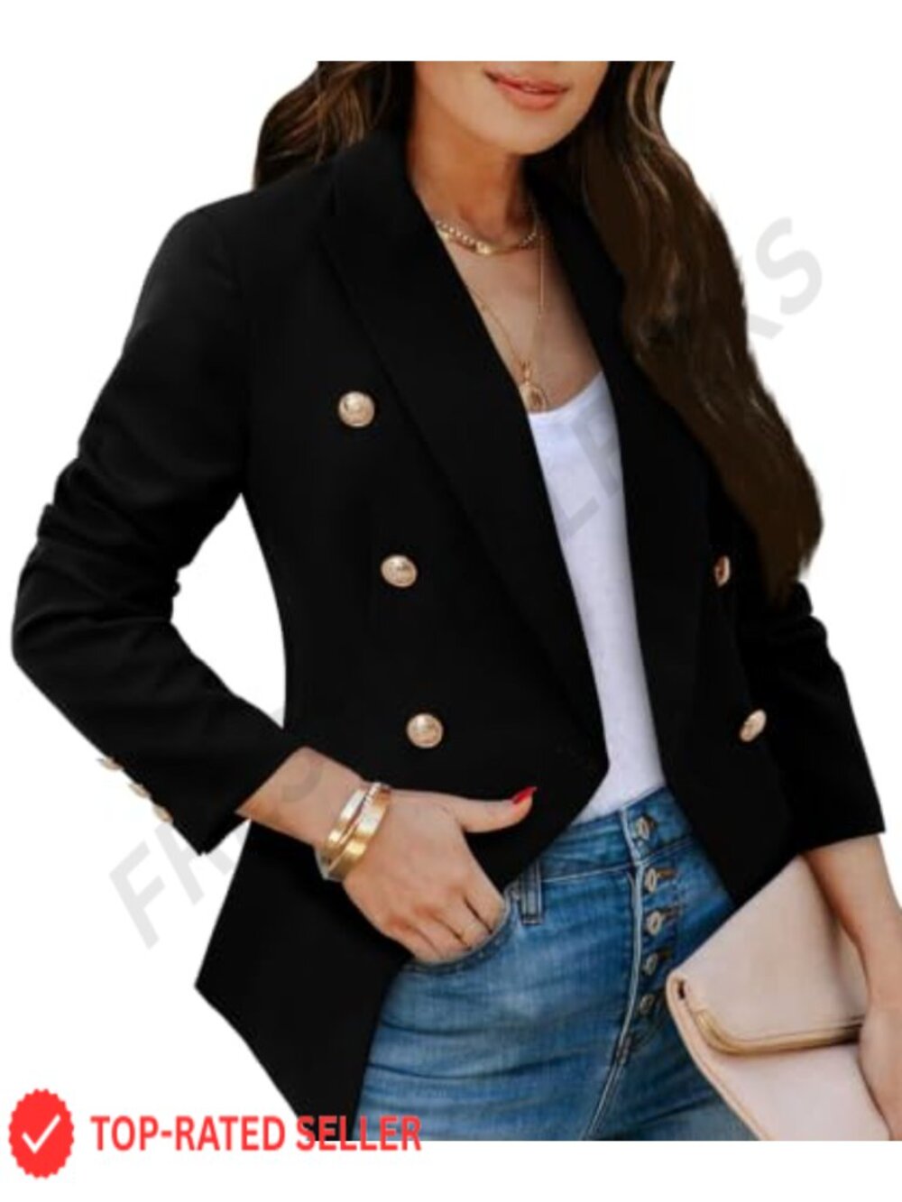 Double Breasted Gold Button Business Casual Blazer Notch Lapel